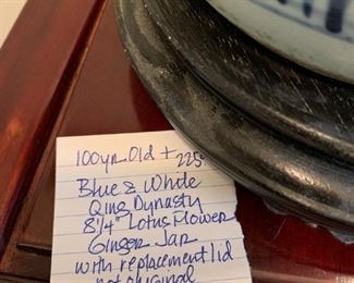 #45	100 old blue and white Qins Dynasty 8.25 lotus flower ginger jar with replacement lid not original Certification Hong Kong	 $225.00 
