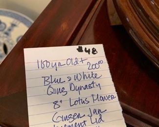#48	100 Yr Old Blue & White Qing Dynasty 8" Lotus Flower Ginger Jar Replacement Kid (cert. Hong Kong)	 $200.00 
