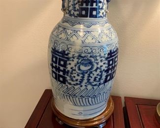 #49	Vtg. 19th Century Dbl. Happiness & Longevity Qing Dynasty Dual Handled Blue/White w/Stand	 $275.00 

