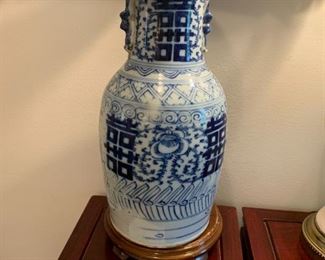#49	Vtg. 19th Century Dbl. Happiness & Longevity Qing Dynasty Dual Handled Blue/White w/Stand	 $275.00 
