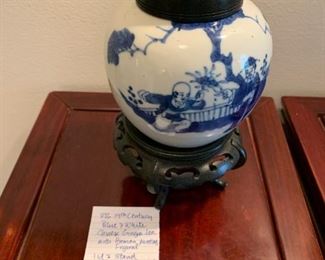 #50	Vtg. 19th Century Blue & White Chinese Ginger Jar w/Human Painting Figural 1 lid & Stand Marked Dbl. Circle	 $125.00 
