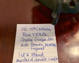 #50	Vtg. 19th Century Blue & White Chinese Ginger Jar w/Human Painting Figural 1 lid & Stand Marked Dbl. Circle	 $125.00 
