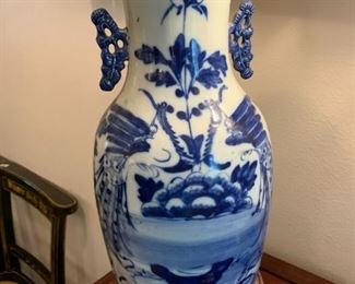 #51	19th Century 17" Dbl. Handle Blue & White Chinese Vase Two Birds of Paradise No Markings w/Stand "as is" Chip & Cracking on Lip - Bottom	 $200.00 
