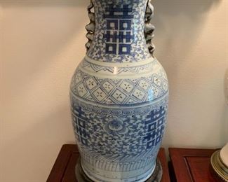 #52	Vtg. 19th Century Dbl. Happiness Longevity Qing Dynasty Dual Handled Blue/White w/Stand 17"	 $285.00 
 
