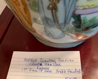 #53	Ant. Qianlong Porcelain Chinese Urn Vast Figures 17" Famile Rose DBL. Handled	 $500.00 

