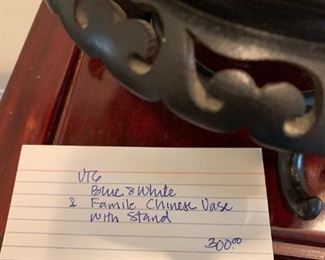 #54	Vtg. Blue/White Famile Chinese Vase w/Stand	 $300.00 
