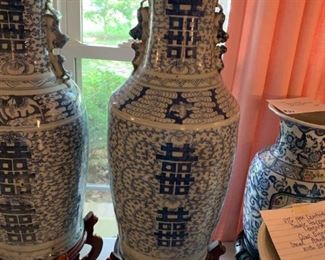 #55	Vtg. 19th Century Dbl. Happiness & Longevity Qing Dynasty Dual Handled Floor Vase w/Stand Blue/White 24"	 $375.00 
