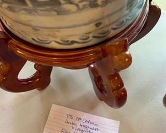 #56	Vtg. 19th Century Dbl. Happiness & Longevity Qing Dynasty dual Handled Floor Vase w/Stand Blue/White 22"	 $325.00 
