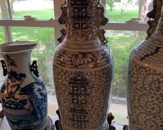 #56	Vtg. 19th Century Dbl. Happiness & Longevity Qing Dynasty dual Handled Floor Vase w/Stand Blue/White 22"	 $325.00 
