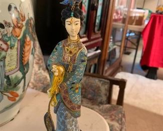 #84	Vtg. Chinese Cloisonne' Enamel 9 3/4" Bone Geisha Figurine - w/prayer fan	 $35.00 
