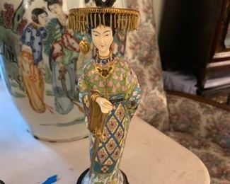 #86	Vtg. Chinese Cloisonne' Enamel 9 3/4" Bone Geisha Figurine - w/Card in Hand	 $35.00 
