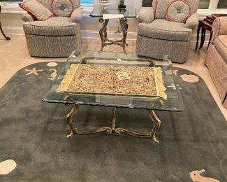 carved beach designed rug, heavy beveled glass top tables, upholstered chairs (additional photos of tables and chairs below)