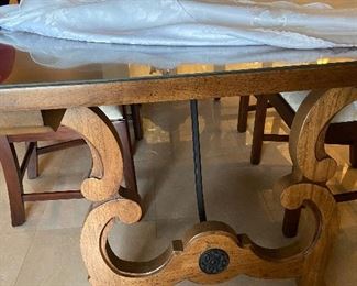 lovely trestle dining table, 66" long without leaf, 18" leaf, 42" wide