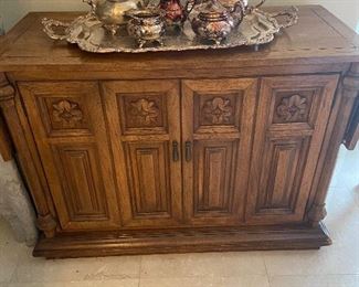 Sideboard-buffet-console with carved front and two drop sides, 42" x 19" x 30" tall, with two 11" extensions, matches the China Cabinet, Ascot Sheffield "Community" tea and coffee service
