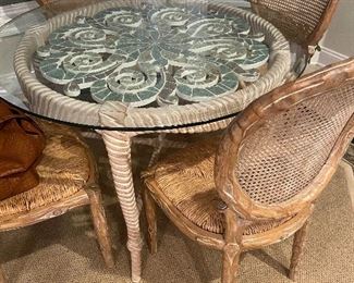 Glass top table colorful mosaic inlay and rush bottom chairs, table is 36" round