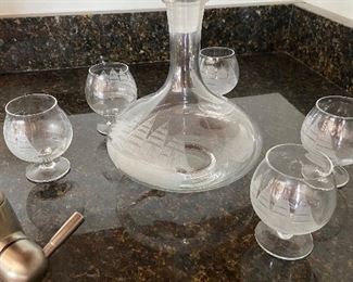 etched decanter and brandy snifters