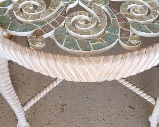 round glass-top table with mosaic design, 36" round