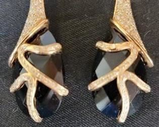 Onyx and Diamond Drop Earrings stamped 18K rose gold with Bollarri (maker's mark).  Black Onyx 26.62 carets.  Pave' Diamonds 0.98 ctw 