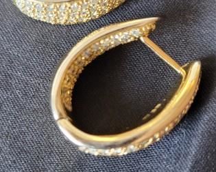Inside-Out Diamond Oval Hoop Earrings stamped yellow gold 14K 585.  Each earring has 102 diamonds in the front and 82 diamonds in the back.  Total weight 1.84 carets