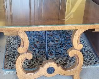 trestle dining table with glass protective top