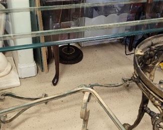 very heavy beveled glass top wrought iron console table, has a matching square table 