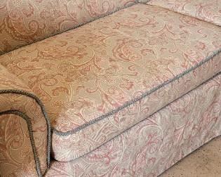 Paisley sofa with green cording trim from Taylorsville, NC, 85" long, has coordinating occasional chairs