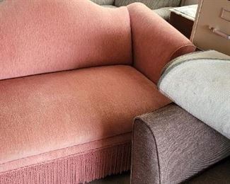 vintage fringed camel back settee