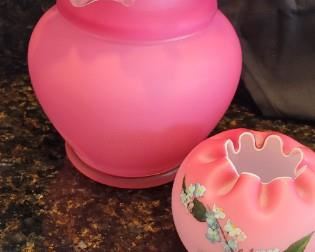 unmarked Fenton vintage pink satin frosted finish ruffle rim 9" tall vase, small painted ruffle top bowl