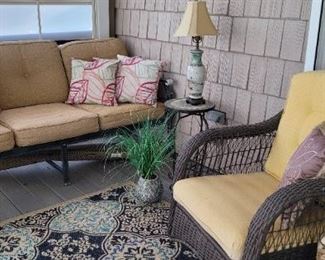 Outdoor Wicker on metal frame, sofa, large chair, and ottoman