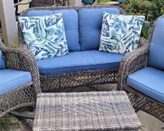 Outdoor Wicker set, Love Seat, two rocking chairs, and storage chest