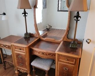  Antique Bedroom Suite with Full Size Headboard, Chest of Drawers, Vanity, and Bedside Table