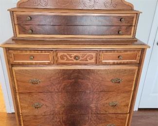  Antique Bedroom Suite with Full Size Headboard, Chest of Drawers, Vanity, and Bedside Table