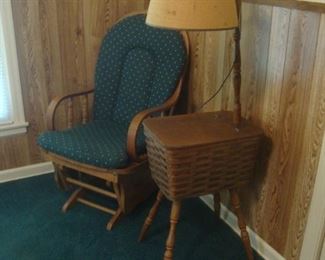 Glider rocker, sewing basket lamp