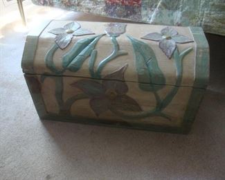 Carved and painted wooden trunk