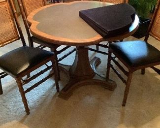 Amazing game table.  tilts, multiple height settings, 2 table covers - one round, 4 - Folding mid-Century Stakmore chairs