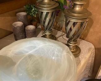 lg white bowl, silver lamp