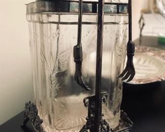 Antique Victorian Era Pressed Glass Pickle Cruet / Castor w/ 1 Set Of Tongs
