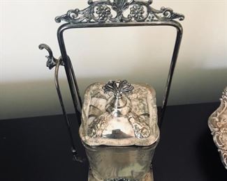 Antique Victorian Era Pressed Glass Pickle Cruet / Castor w/ 1 Set Of Tongs