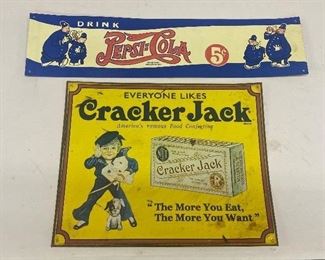Pepsi and Cracker Jack Metal Signs. The Cracker Jack sign has significant wear and measures 15" x 12" with the Pepsi sign measuring 22" x 5.5" 

Reproduction signs