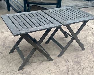 Pair of Light Weight Wood Outdoor Accent Tables each measuring 18" x 18" x 18" and in good condition with wear consistent with outdoor use.