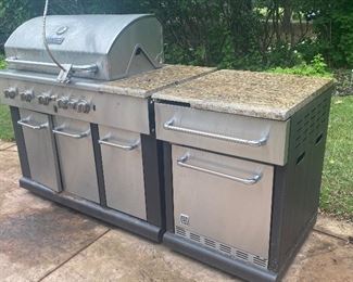 Master Forge Outdoor Gas Grill and Refrigerator. The grill has not been used for awhile as it needs a new igniter switch. The client reports, it can be lit with a lighter. The fridge section has some broken trim of which a portion is included and could be repaired. Please see all photos. 

This grill has not been tested and is sold as-is for repair. The refrigerator is in working condition. 

Grill section measures 50" w x 27" d x 36" h with the refrigerator section measuring 25" x 27" x 36" 