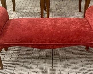 Charming Vintage Velvet Upholstered Vintage Settee in a lovely red/burgundy fabric. Measures 47" x 16" with arm height at 21.5" and seat height of 15" 
