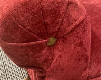 Charming Vintage Velvet Upholstered Vintage Settee in a lovely red/burgundy fabric. Measures 47" x 16" with arm height at 21.5" and seat height of 15" 