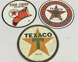 Three Metal Circular Texaco Signs in used condition with varying degrees of wear. Each measuring 11.5" 

 Reproduction