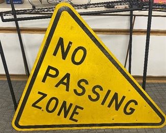 Metal Yellow Triangle Road Sign; No Passing Zone in good condition with wear consistent with use. Measuring 51" x 46" 