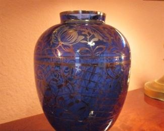 Cobalt Blue Vase with Silver Overlay