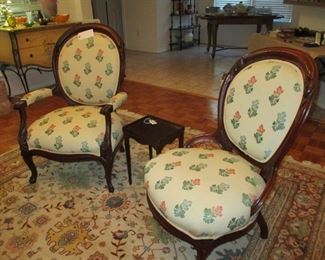 Pr of Lady & Gent Parlor Chairs, Walnut, large comfy scale