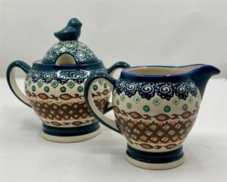 Hand Painted Signed Polish Pottery - Sugar With Bird Form Finial And Creamer, 2 PCS.
Lot #: 13
