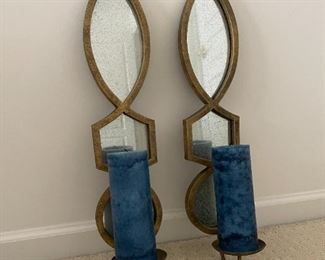 Pair Of Mirror Candle Sconces With Bronze Tone Frame And Blue Pillar Candles, 2PCS.
Lot #: 39