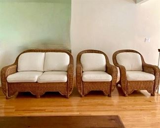 Wicker Love Seat & Two Chairs With White Cushions, 3 PCS.
Lot #: 21